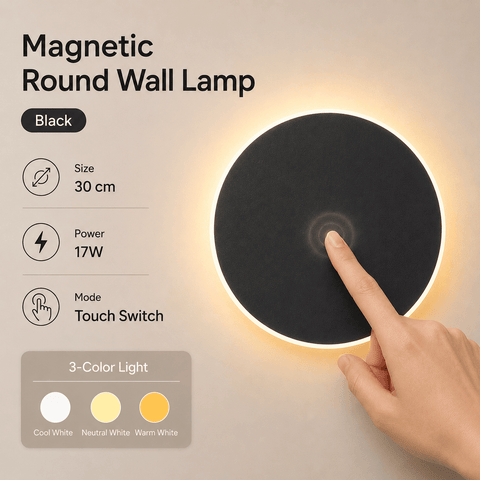 Darrahopens Home & Garden > Lighting > Night Lights & Ambient Lighting Magnetic Round Wall Lamp 30cm Black, 17W Rechargeable LED Wall Sconce with Touch Control, 3-Color Light, Battery Powered Modern Disc Wall Light for Bedroom Hallway Living Room
