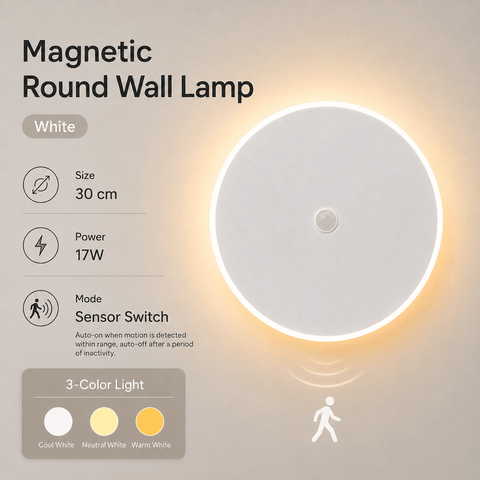 Darrahopens Home & Garden > Lighting > Night Lights & Ambient Lighting Magnetic Round Wall Lamp 30cm White, 17W Rechargeable LED Wall Sconce with Motion Sensor, 3-Color Light, Battery Powered Modern Disc Wall Light for Hallway Entryway Bedroom