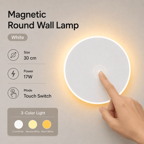 Darrahopens Home & Garden > Lighting > Night Lights & Ambient Lighting Magnetic Round Wall Lamp 30cm White, 17W Rechargeable LED Wall Sconce with Touch Control, 3-Color Light, Battery Powered Modern Disc Wall Light for Bedroom Hallway Living Room