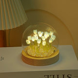 Darrahopens Home & Garden > Lighting > Night Lights & Ambient Lighting (Ten Blue Tulips) Glowing Tulip Dome Lamp -  Wooden Base, Bedside Table Decoration
