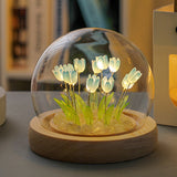 Darrahopens Home & Garden > Lighting > Night Lights & Ambient Lighting (Ten Blue Tulips) Glowing Tulip Dome Lamp -  Wooden Base, Bedside Table Decoration