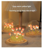 Darrahopens Home & Garden > Lighting > Night Lights & Ambient Lighting (Thirteen Pink Tulips) Glowing Tulip Dome Lamp -  Wooden Base, Bedside Table Decoration