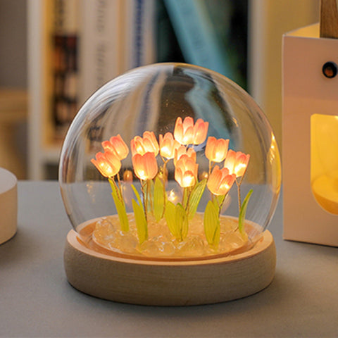Darrahopens Home & Garden > Lighting > Night Lights & Ambient Lighting (Thirteen Pink Tulips) Glowing Tulip Dome Lamp -  Wooden Base, Bedside Table Decoration