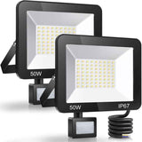 2 Pack LED Floodlight with Motion Sensor, 50W 5000LM 7000K Cool White, IP67 Waterproof