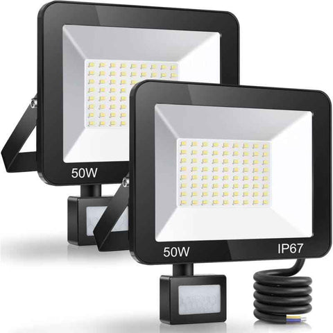 2 Pack LED Floodlight with Motion Sensor, 50W 5000LM 7000K Cool White, IP67 Waterproof
