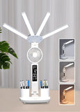 Darrahopens Home & Garden > Lighting > Table Lamps 4-Arm Foldable LED Desk Lamp with Built-in Fan, Digital Clock, Temp Display & Dual Pen Holders – 3-Color Lighting, Infinite Dimming, USB-C Charging, Eye-Caring Light for Study, Work, Reading; Compact & Modern Design (White)