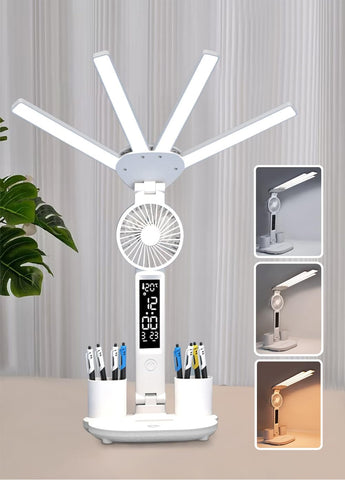 Darrahopens Home & Garden > Lighting > Table Lamps 4-Arm Foldable LED Desk Lamp with Built-in Fan, Digital Clock, Temp Display & Dual Pen Holders – 3-Color Lighting, Infinite Dimming, USB-C Charging, Eye-Caring Light for Study, Work, Reading; Compact & Modern Design (White)