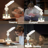 Darrahopens Home & Garden > Lighting > Table Lamps 4-Arm Foldable LED Desk Lamp with Built-in Fan, Digital Clock, Temp Display & Dual Pen Holders – 3-Color Lighting, Infinite Dimming, USB-C Charging, Eye-Caring Light for Study, Work, Reading; Compact & Modern Design (White)
