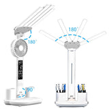Darrahopens Home & Garden > Lighting > Table Lamps 4-Arm Foldable LED Desk Lamp with Built-in Fan, Digital Clock, Temp Display & Dual Pen Holders – 3-Color Lighting, Infinite Dimming, USB-C Charging, Eye-Caring Light for Study, Work, Reading; Compact & Modern Design (White)