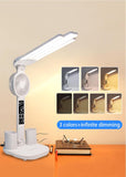 Darrahopens Home & Garden > Lighting > Table Lamps 4-Arm Foldable LED Desk Lamp with Built-in Fan, Digital Clock, Temp Display & Dual Pen Holders – 3-Color Lighting, Infinite Dimming, USB-C Charging, Eye-Caring Light for Study, Work, Reading; Compact & Modern Design (White)