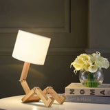 Darrahopens Home & Garden > Lighting > Table Lamps Adjustable Creative Robot Desk Lamp with Fabric Lampshade E27 Screw, Wooden Bedside Lamp for Decorative Lighting