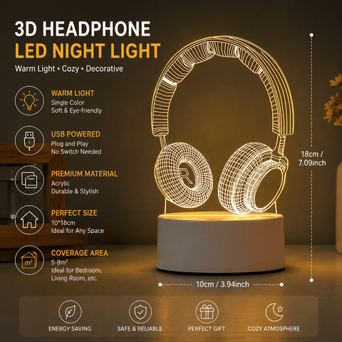 Darrahopens Home & Garden > Lighting > Table Lamps Headphone version Creative Acrylic LED Night Light - Warm White Ambient Table Lamp, Decorative Desktop Mood Light, Cartoon and Creative Display Design, Compact Gift for Bedroom Living Room Office