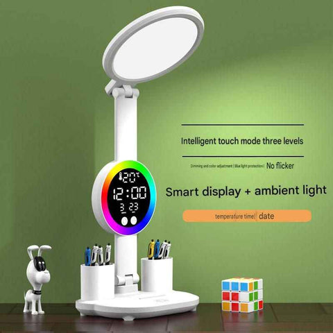 Darrahopens Home & Garden > Lighting > Table Lamps LED Foldable Eye-Caring Reading Desk Lamp with Smart Clock Display, USB Rechargeable Study Light, Pen Holders & Phone Stand