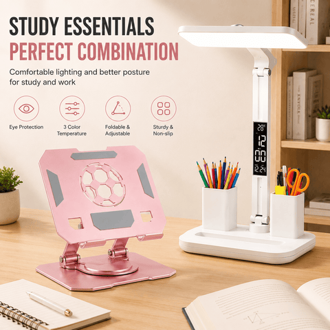 Darrahopens Home & Garden > Lighting > Table Lamps Pink 360 Degree Rotating Tablet Stand and Foldable LED Desk Lamp Study Set Adjustable Reading Light with Display Screen Desktop Organiser for Students Home Office Learning
