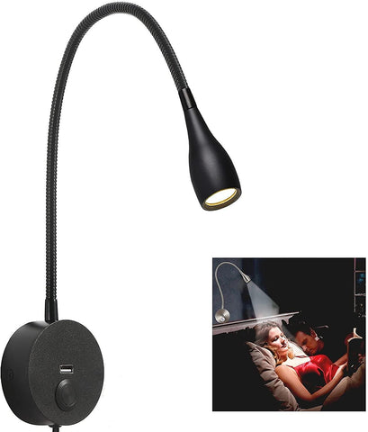Darrahopens Home & Garden > Lighting > Wall Lights Dimmable Bedside Lamp, Minimalist LED Bedside Reading Lamp, Headboard Wall Mounted with USB Charger (Matte Black)
