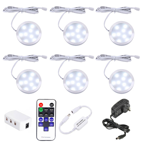 Darrahopens Home & Garden > Lighting > Wall Lights Dimmable LED Under Cabinet Lighting, Counter Showcase Kitchen Lighting Fixtures with 12V Plug in Adapter and Dimmable Wireless Remote Control, 6 Ultra Slim Puck Lights Kit (Daylight White)