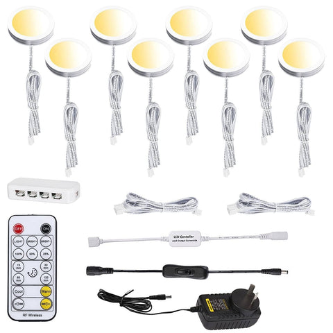 Darrahopens Home & Garden > Lighting > Wall Lights LED Under Cabinet Puck Lights CCT Light Color Temperature Adjustable Warm+White Double Color with Dimmable RF Remote Controller for Kitchen Shelf Ambiance Display Lighting (8 Lights, 24W)