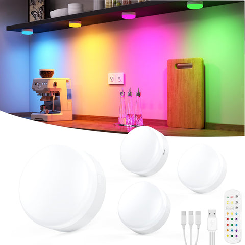Darrahopens Home & Garden > Lighting > Wall Lights Puck Lights with Remote Control, 4-Pack Wireless Stick On Lights for Under Cabinet, Closet, Bedroom, Staircase & Bookshelf, 3000mAh Battery Operated Color Changing Lighting (RGB&CCT)