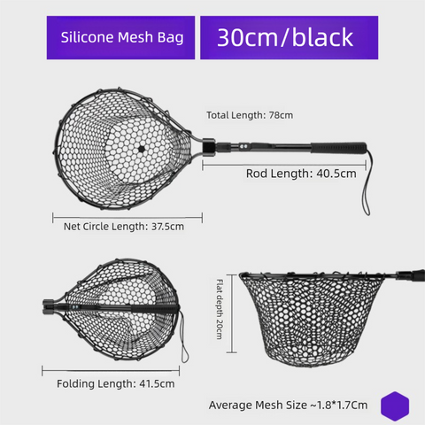 Darrahopens Home & Garden > Pool & Accessories > Pool Sweeps & Vacuums Black High Strength Large Landing Net - Fishing Net with Foldable Handle and Soft Rubber Netting, Dip Net for Fishing, Ideal for Boat, Pier, River Angling