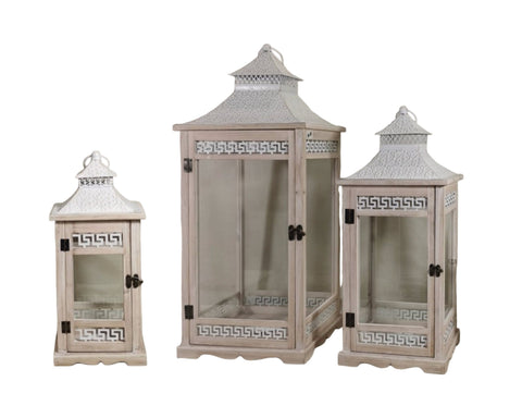 Darrahopens Home & Garden > Shading > Canopies & Gazebos Set 3 Wooden Aegean Heritage Lanterns 77cm