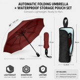 Darrahopens Home & Garden > Shading > Umbrellas & Sunshades 46 inch Wine Red Windproof Automatic Travel Folding Umbrella and Black Absorbent Hanging Storage Pouch Set – Compact 3-Fold Auto Open Close Umbrella wth Double Canopy and 10 Reinforced Ribs for Rain & Sun Outdoor Use