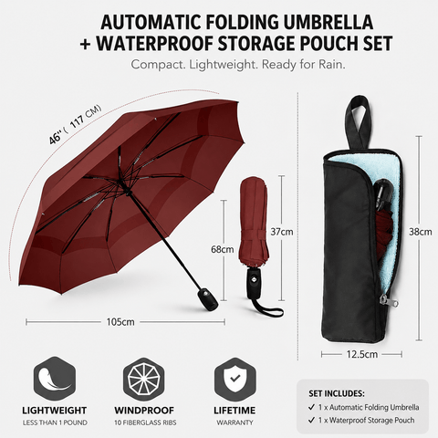 Darrahopens Home & Garden > Shading > Umbrellas & Sunshades 46 inch Wine Red Windproof Automatic Travel Folding Umbrella and Black Absorbent Hanging Storage Pouch Set – Compact 3-Fold Auto Open Close Umbrella wth Double Canopy and 10 Reinforced Ribs for Rain & Sun Outdoor Use