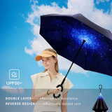 Darrahopens Home & Garden > Shading > Umbrellas & Sunshades Reverse Umbrella Windproof Double Layer C-Handle Inverted Folding in Galaxy Print