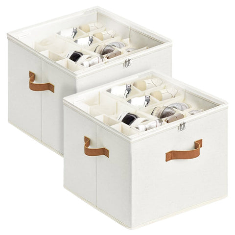 Darrahopens Home & Garden > Storage > Clothing & Wardrobe Storage 2 Pack Shoe Organizer Zipper Clear Lid Fabric Shoe Storage Box Space Saving Beige Shoe Holder for Closet and Adjustable Dividers Fits up to 16 Pairs