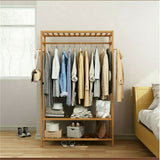 Darrahopens Home & Garden > Storage > Clothing & Wardrobe Storage 3-Tier Wooden Clothes Rack Rolling Garment Stand w/ Hooks