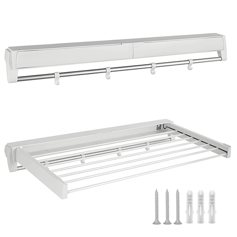Darrahopens Home & Garden > Storage > Clothing & Wardrobe Storage Alston Wall Mounted Drying Rack Clothes Airer Space Saver Folding Dryer Bearing Capacity 12KG Foldable Rail With Hooks Indoor Outdoor Balcony Laundry White