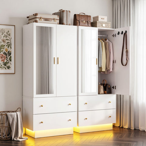 Darrahopens Home & Garden > Storage > Clothing & Wardrobe Storage Artiss LED Wardrobe Cabinet Clothes Storage with Mirror 2 Drawers Hanging Rail In Australia - Darrahopens
