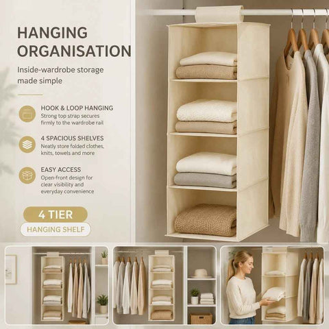 Cotton Linen Hanging Clothes Caddy, 4 Tier, Beige, Space Saving Robe Storage In Australia - Darrahopens