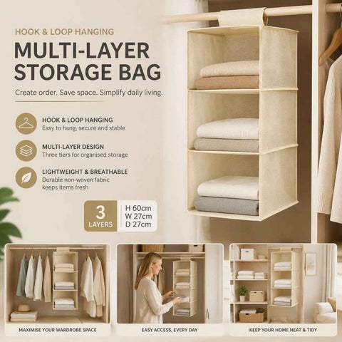 Darrahopens Home & Garden > Storage > Clothing & Wardrobe Storage Cotton Linen Hanging Wardrobe Organiser, 3 Tier, Beige, Neat Garment Storage In Australia - Darrahopens