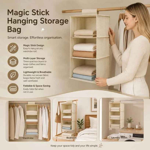 Darrahopens Home & Garden > Storage > Clothing & Wardrobe Storage Cotton Linen Hanging Wardrobe Organiser, 3 Tier, Beige, Practical Robe Sorter In Australia - Darrahopens