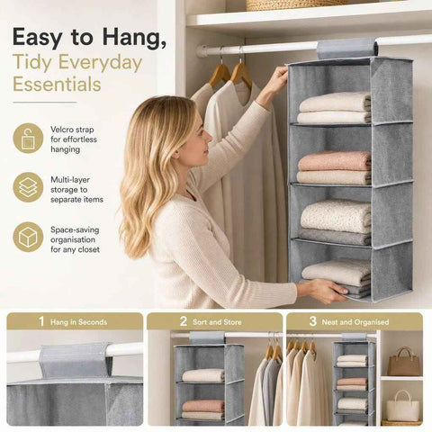 Darrahopens Home & Garden > Storage > Clothing & Wardrobe Storage Cotton Linen Layered Hanging Clothes Bag, 4 Tier, Grey, Efficient Apparel Sorting In Australia - Darrahopens