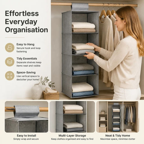 Darrahopens Home & Garden > Storage > Clothing & Wardrobe Storage Cotton Linen Layered Hanging Clothes Bag, 4 Tier, Grey, Maximize Closet Space In Australia - Darrahopens