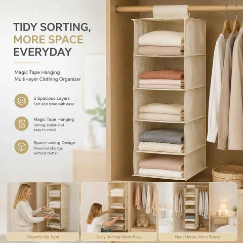 Darrahopens Home & Garden > Storage > Clothing & Wardrobe Storage Cotton Linen Multi Layer Hanging Storage Bag, 5 Tier, Beige, Mess-Free Wardrobe In Australia - Darrahopens