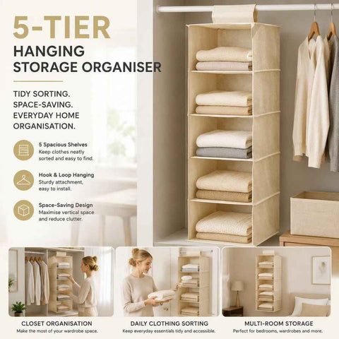 Cotton Linen Multi-Layer Hanging Storage Bag, 5 Tier, Beige, Tidy Outfit Sorting In Australia - Darrahopens