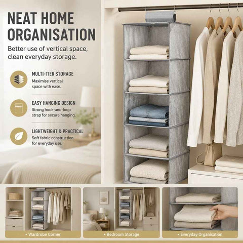 Darrahopens Home & Garden > Storage > Clothing & Wardrobe Storage Cotton Linen Multi-Tier Hanging Garment Caddy, 5 Tier, Grey, Tidy Closet Layout In Australia - Darrahopens