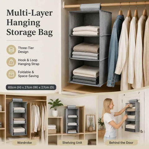 Darrahopens Home & Garden > Storage > Clothing & Wardrobe Storage Cotton Linen Suspended Wardrobe Organiser, 3 Tier, Grey, Compact Apparel Storage In Australia - Darrahopens