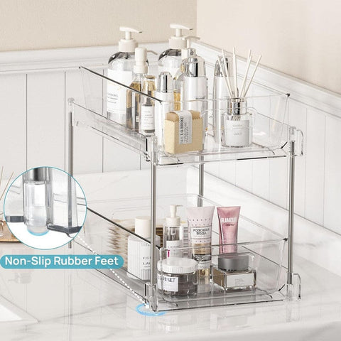 Darrahopens Home & Garden > Storage > Storage Boxes 1 Pack Bathroom Organizer, 2 Tier Clear Under Sink Organizers Vanity Countertop Storage Container,Cabinet Drawers Bins, Pull-Out Organization with Track for Pantry, Kitchen