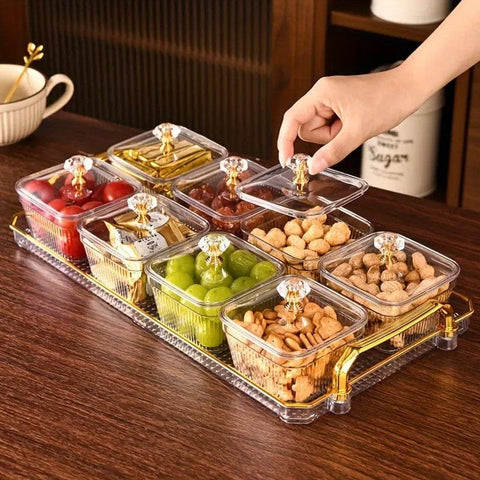 Darrahopens Home & Garden > Storage > Storage Boxes 1-Piece 8-Compartment Snack Tray, BPA-Free Plastic Food-Grade Snack Organizer, Perfect for Nuts, Fruits, Candies, Potato Chips - Elegant Gold Decor for Home Entertainment, Party Snack Table Decoration, Party Snack Storage Box | Gold-Plated Tray