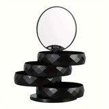 2-Pack 4-Tier Rotating Jewelry Organizer Box with Adjustable Mirror & Diamond Cut Design – Compact 360° Swivel Earring Stud Necklace Storage Box for Vanity Countertop, 10 x 10cm, Black