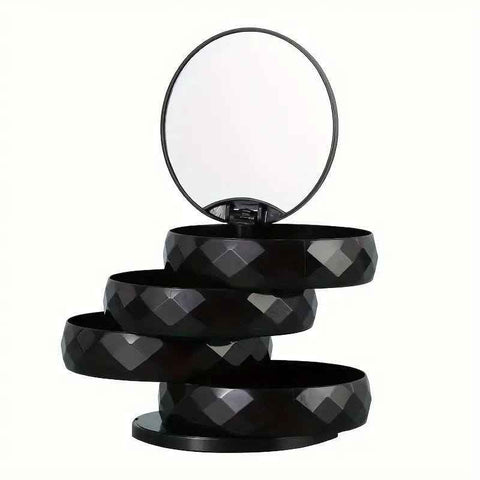 2-Pack 4-Tier Rotating Jewelry Organizer Box with Adjustable Mirror & Diamond Cut Design – Compact 360° Swivel Earring Stud Necklace Storage Box for Vanity Countertop, 10 x 10cm, Black