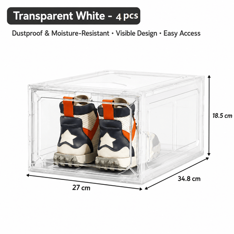 Darrahopens Home & Garden > Storage > Storage Boxes 4 transparent white ones Stackable Magnetic Shoe Storage Box - Transparent PS Plastic - Front Opening Door, Dustproof Display, Space Saving Modular Design for Sneakers and Home Organisation In Australia - Darrahopens