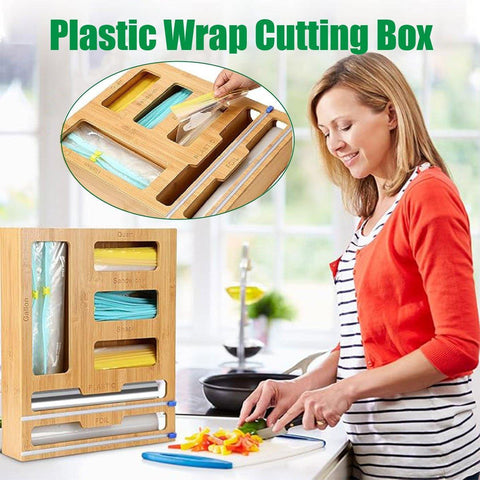 Darrahopens Home & Garden > Storage > Storage Boxes Bamboo Kitchen Storage Box for Plastic Wrap Tin Foil Paper Cutter with Lid