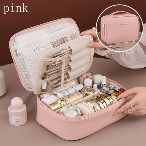 Darrahopens Home & Garden > Storage > Storage Boxes High-capacity multi-layer travel makeup organizer, featuring removable compartments and a brush holder—a portable beauty case, elegantly painted storage box, designed as a standalone unit, no assembly required.（pink）