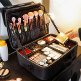 Darrahopens Home & Garden > Storage > Storage Boxes **Large Waterproof Makeup Organizer: Adjustable Dividers, Detachable Brush Holder, Multi-Compartment Design, Portable & Moisture-Resistant, Professional Cosmetic Storage Case**