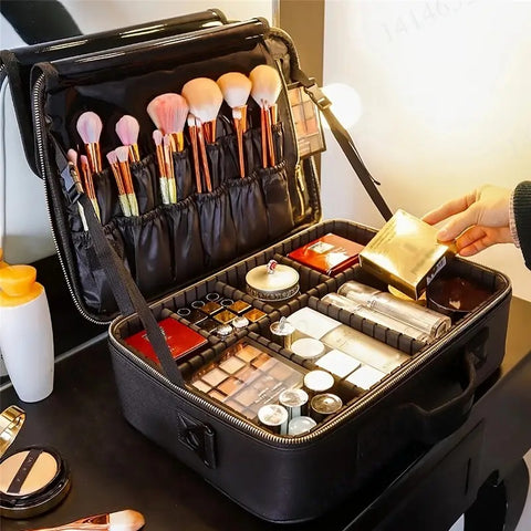 Darrahopens Home & Garden > Storage > Storage Boxes **Large Waterproof Makeup Organizer: Adjustable Dividers, Detachable Brush Holder, Multi-Compartment Design, Portable & Moisture-Resistant, Professional Cosmetic Storage Case**