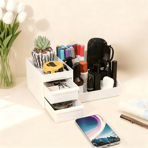 Darrahopens Home & Garden > Storage > Storage Boxes Milky white Multi-Compartment Large-Capacity Desktop Storage Box Keeps vanity tables and desks neat and organized—lipsticks, masks, makeup brushes all stored in one box. Easy access, seamlessly fits into various settings.